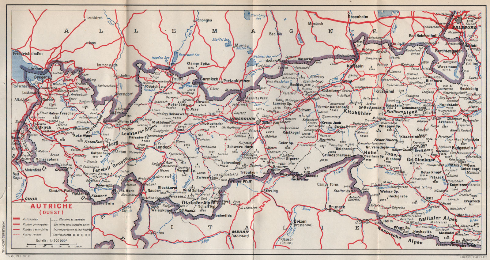Western Austria. Autriche (ouest) Tyrol Vorarlberg Salzburg. Österreich 1954 map
